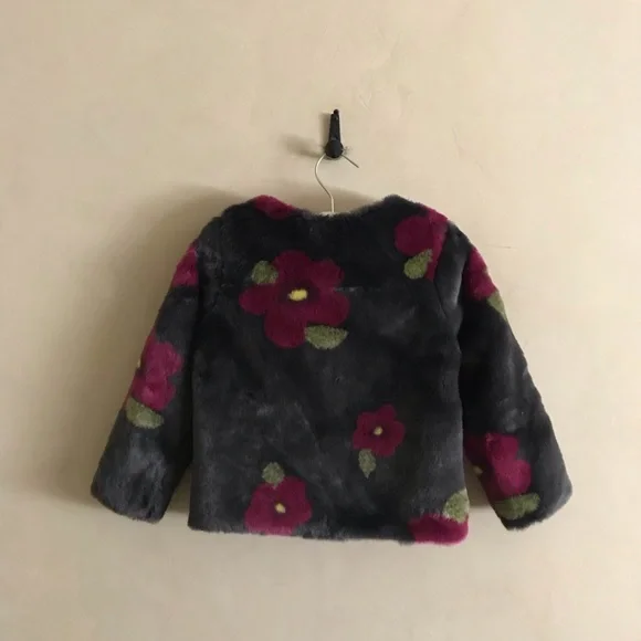 Floral Faux Fur Kids Jacket - Gray and Pink - Picture 2 of 5